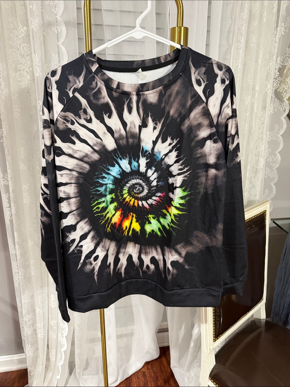Spiral Tie-Dye Graphic Crewneck Sweatshirt - Black with Rainbow Center